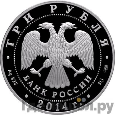 Реверс 3 рубля 2014 года СПМД М. Лермонтов