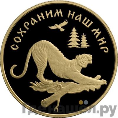 Аверс 100 рублей 1996 года ЛМД Золото Сохраним наш мир амурский тигр