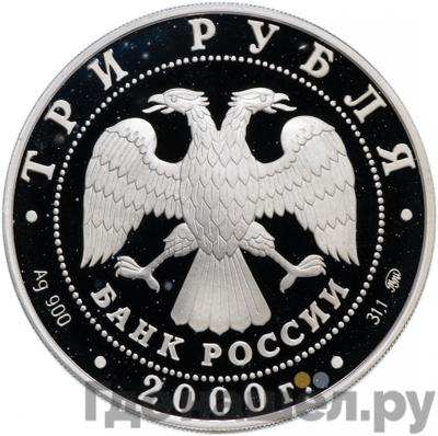 Реверс 3 рубля 2000 года ММД Россия на рубеже тысячелетий наука